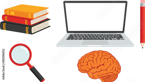 Education and research concept illustration set, books laptop brain magnifying glass pencil icons, learning knowledge study tools, flat vector isolated design