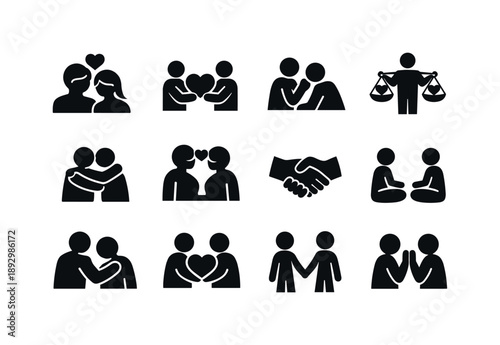 Understanding Partners Icons. Understanding partners. Solid icon set of understanding partners: couple harmony, shared heart, listening posture, emotional