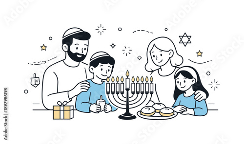 Hanukkah Family Gathering. Family Hanukkah moment. People gathered around a menorah, sharing a quiet celebratory moment. The illustration