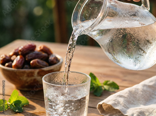 Traditional Ramadan Iftar - Pouring Water with Dates for Breaking Fast Islamic Ritual