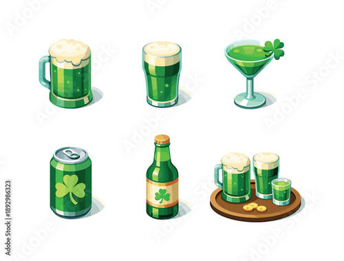 Festive Drinks Icons. Green Beer & Festive Drinks. Isometric flat vector icons set of Green Beer & Festive Drinks: green beer mug with foam, festive drink pint