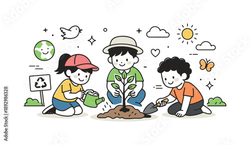 Kids Planting Trees. Children caring for the environment. Kids planting trees in a park, positive action and early environmental awareness. Minimalist flat