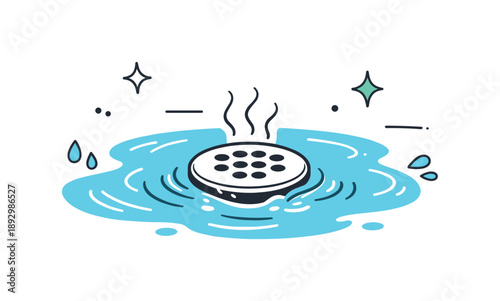 Clogged Shower Illustration. Clogged shower drain. Shower floor with water pooling around the drain, minimal bathroom details, calm and relatable situation.