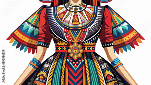 Very beautiful close-up of a modern Native-inspired women’s dress blending traditional patterns with contemporary design, isolated on white background, highlighting cultural fusion and textile detail.