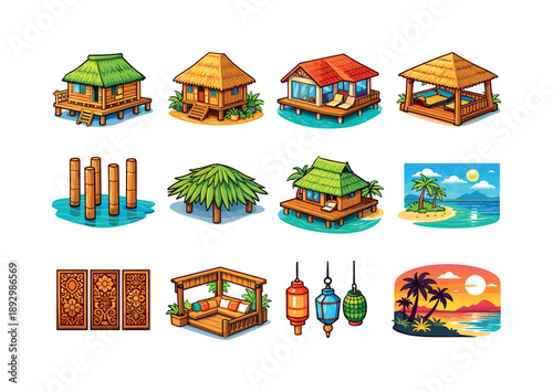 Tropical Architecture Icons. Tropical Architecture. Colorful isometric vector icons set of Tropical Architecture: bamboo house, thatched roof hut, seaside