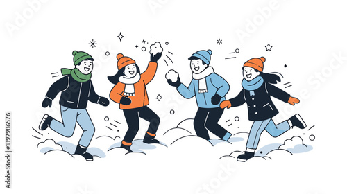 Joyful Snow Play. Playing in snow together. A group mid-laugh while tossing snow or running through soft powder. Light winter motion, connection, and simple