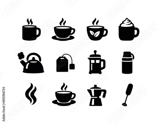 Hot Beverages Icons. Hot beverages. Solid icon set of hot beverages: coffee mug, tea cup, herbal tea icon, cocoa mug, kettle steam, tea bag tag, coffee press,