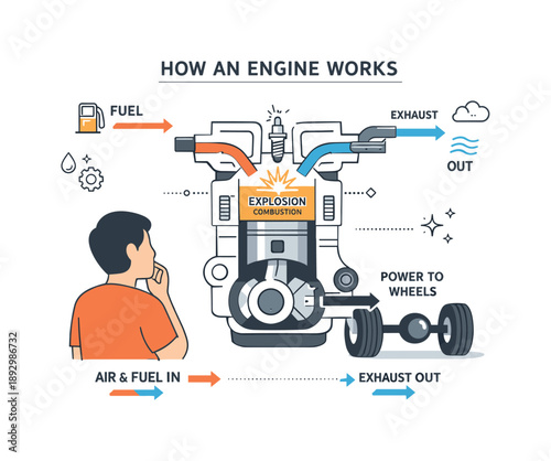 Car Engine Diagram. Internal combustion concept. A person looking at a diagram of a car engine with fuel and exhaust flow illustrated. Calm educational
