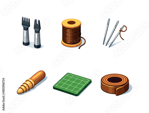 Leather Craft Tools. Leather Craft. Isometric flat vector icons set of Leather Craft: stitching chisels, wax thread spool, hand sewing needles, leather edge