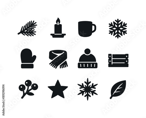 Winter Still Life Icons. Winter still life. Solid icon set of winter still life: pine branch, candle, mug, snowflake, mitten, scarf, hat, wooden crate,