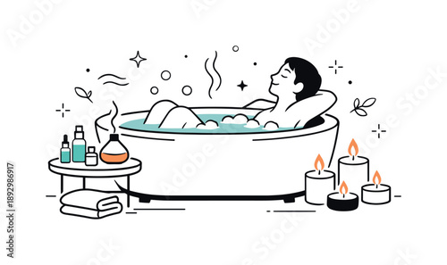Serene Aromatherapy Bath. Relaxing aromatherapy bath. Person leaning back in a modern bathtub with candles and essential oils nearby, creating a serene