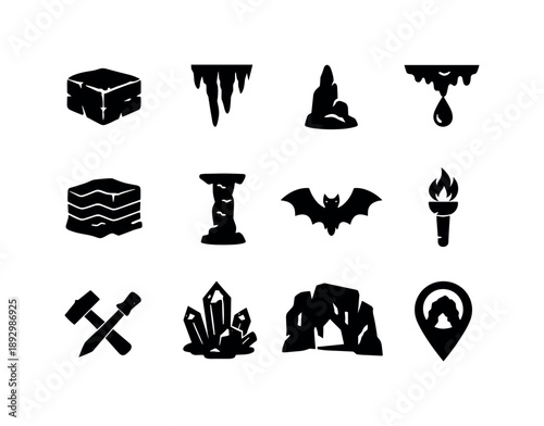 Limestone Cave Icons. Limestone caves. Solid icon set of Limestone caves: limestone block, stalactite, stalagmite, cave drip, mineral layer, rock column, bat,