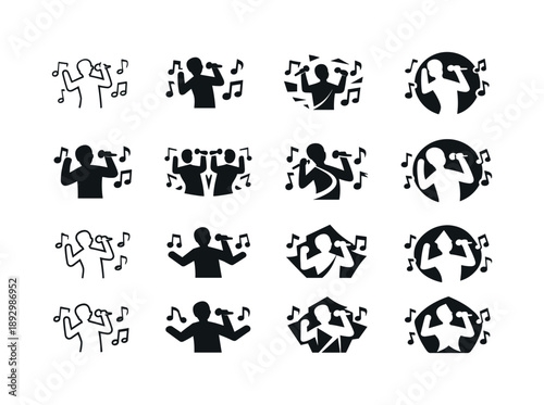 Concert Icon Set. Singing at live performances and concerts. Icon set. Set Logo of Singing at live performances and concerts: musical notes around performer.