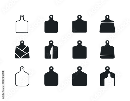 Versatile Cutting Board Logos. board. Icon set. Set Logo of board: cutting board with handle. harmonious logo variations of the same emblematic concept, each