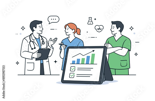 Healthcare Team Discussion. Medical staff collaboration. A small healthcare team discussing treatment results near a tablet with charts and checkmarks. Calm
