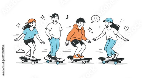 Youthful Skateboarding Adventure. Teenagers skateboarding. Group of teenagers riding skateboards together with relaxed confidence. Youthful energy and casual