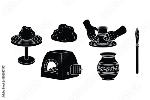 Pottery Making Icons: Clay, Wheel, Oven, Vase, Spear