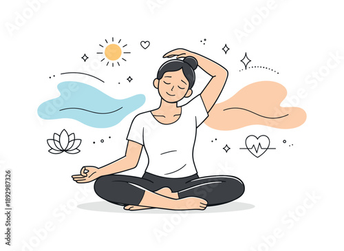 Yoga Emotional Release. Yoga for emotional release. A person sits in a calm yoga pose with eyes closed, gently stretching and breathing deeply. Inner balance,