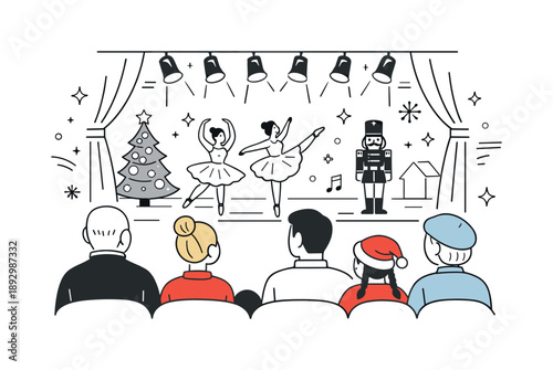 Christmas Ballet Celebration. Group enjoying Christmas ballet. View from behind the audience with stage lights ahead, sense of anticipation and cultural