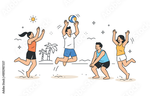 Beach Volleyball Fun. People playing volleyball on the beach. A small group jumping and passing the ball, active movement and joyful energy in a sunny outdoor