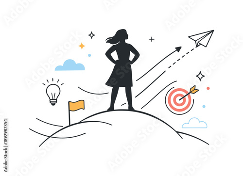 Confident Leadership Silhouette. Leadership and Confidence. Calm editorial scene with a single female silhouette standing slightly elevated, abstract lines