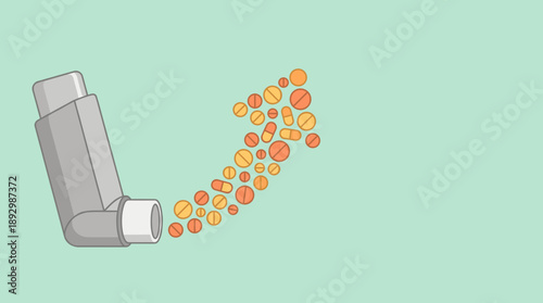 Asthma inhaler spraying medical pills forming an upward arrow. Concept of improved health condition treatment and medication.