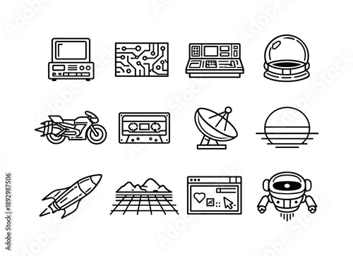 Futuristic Nostalgia Icons. Futuristic nostalgia. Line icon set of Futuristic nostalgia: analog computer, glowing circuit board, sci-fi console, bubble dome