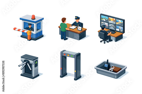 Security Guard Icons. Security guards monitoring properties. Isometric flat vector icons set of Security guards monitoring properties: guard station booth,
