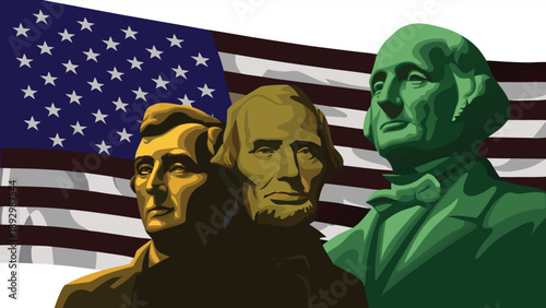 Presidents Day illustration of George Washington, Thomas Jefferson and Abraham Lincoln with American flag background