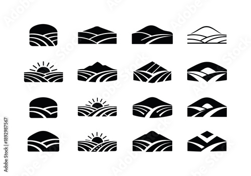Lowland Logo Variations. Lowland. Icon set. Set Logo of Lowland: farmland fields grid. harmonious logo variations of the same emblematic concept, each with