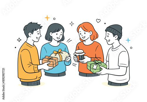 Heartfelt Gift Exchange. Friends exchanging handmade gifts together. Friends standing in a small circle handing each other wrapped handmade presents, warm