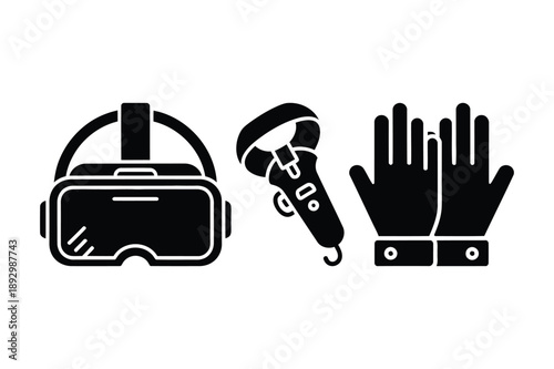 Virtual reality headset, controller, and gloves, icon set