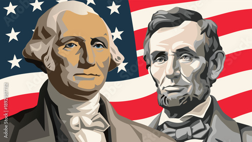 Editorial illustration depicting former United States presidents George Washington and Abraham Lincoln in front of the American flag. Image represents U.S. history, national leadership, president day