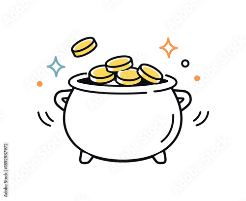 Minimal Gold Illustration. Pot of gold minimal illustration. A simple line-based pot icon with a few coins and decorative dots around it, designed as a clean