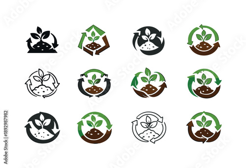 Eco Farming Icons. Eco farming. Icon set. Set Logo of eco farming: compost cycle symbol. harmonious logo variations of the same emblematic concept, each with