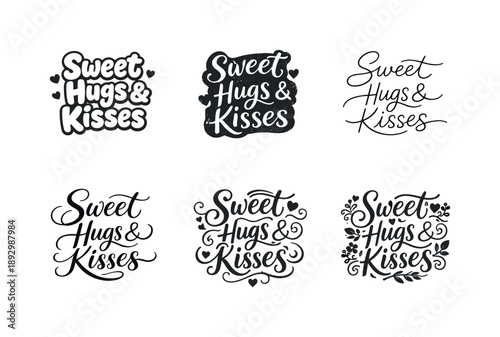Artistic Lettering Variations. Sweet hugs & kisses script. Set lettering. harmonious lettering variations of the same emblematic concept, each with different