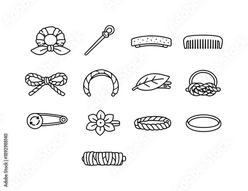 Eco Hair Accessories. Sustainable and upcycled fashion accessories. Line icon set of eco-friendly hair accessories: scrap-fabric hair tie, wooden hairpin, cork