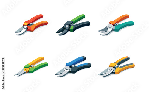 Horticulture Tools Icons. Horticulture tools. Isometric flat vector icons set of horticulture tools: lightweight pruning shears, carbon steel blade, curved