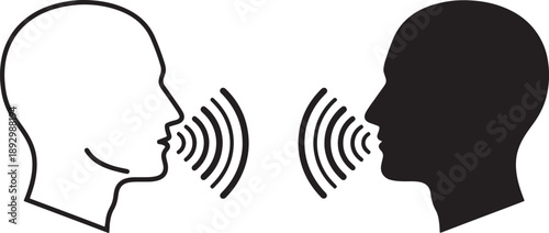 Black and white of two heads facing each other with sound waves also transparent background communication