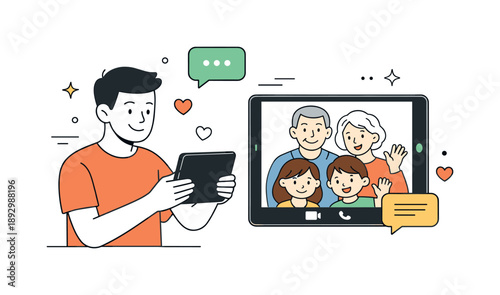 Family Video Call. Video calling family illustration. A person smiling at a tablet screen during a video call with family members. Warm and calm remote