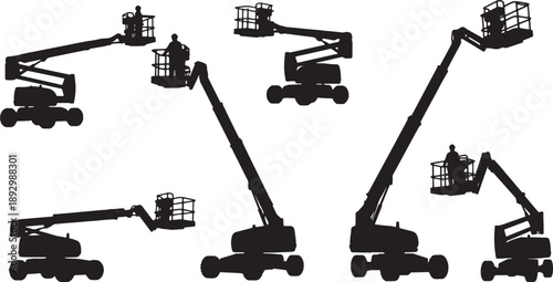 Black silhouettes of cherry pickers with people on white background also transparent background