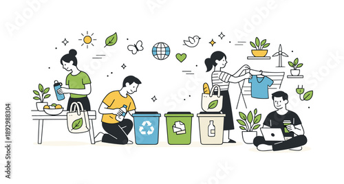 Eco-Friendly Home Habits. Eco lifestyle scene. People practicing sustainable habits at home, using reusable items, sorting recycling, plants and eco symbols