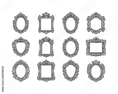 Baroque Mirror Icons. Baroque Mirror Style. Line icon set of Baroque Mirror Style: baroque mirror crest, exaggerated curves, ornamental leaves, mirror with