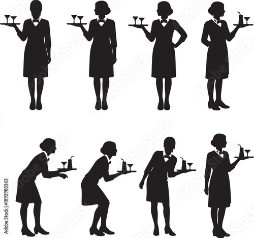 Black silhouettes of eight female servers carrying trays with glasses and jugs also transparent background