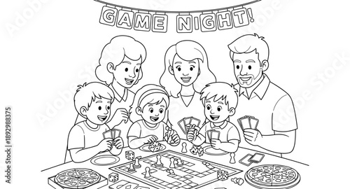 Happy family enjoying a board game night with pizza and cards