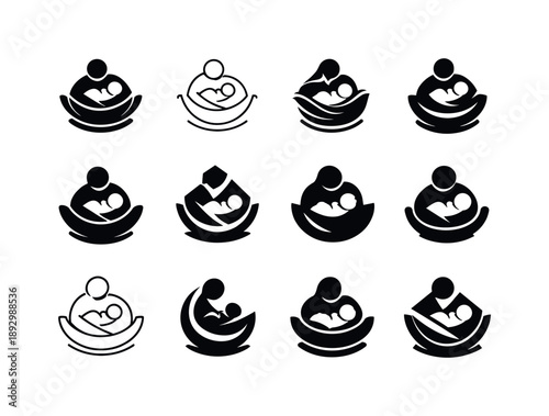 Newborn Care Logos. nurturing a newborn. Icon set. Set Logo of nurturing a newborn: rocking cradle. harmonious logo variations of the same emblematic concept,