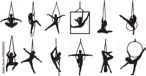Black silhouettes of people performing aerial acrobatics on ropes and hoops also transparent background