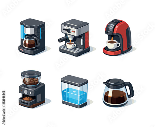 Isometric Coffee Icons. Coffee maker. Isometric flat vector icons set of coffee maker: drip coffee machine, espresso machine, capsule coffee maker, coffee