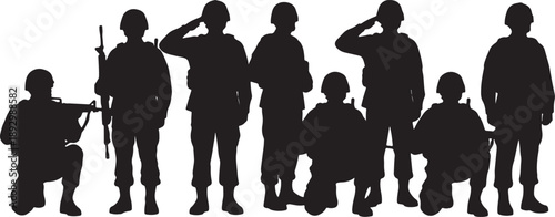 Black silhouettes of soldiers in various poses on white background also transparent background military