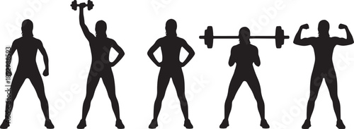 Five black silhouettes of women in various fitness poses with dumbbells also transparent background workout